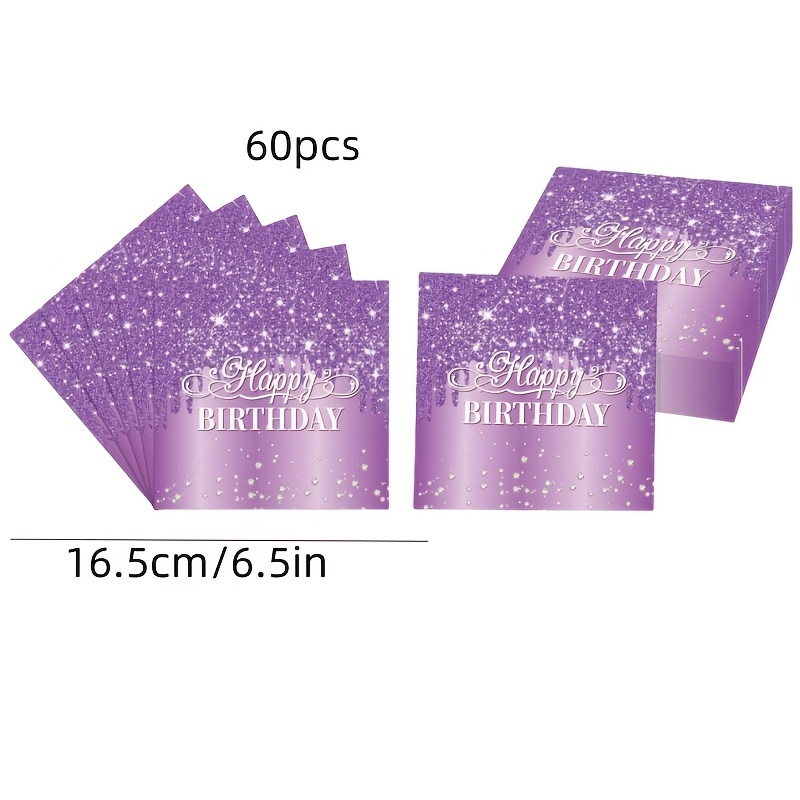 Image of 60pcs Purple Happy Birthday Napkins - Birthday Decor Party Cocktail Dessert Paper Napkins 13*13 Inches - Wedding Celebration Anniversary Theme Supplies