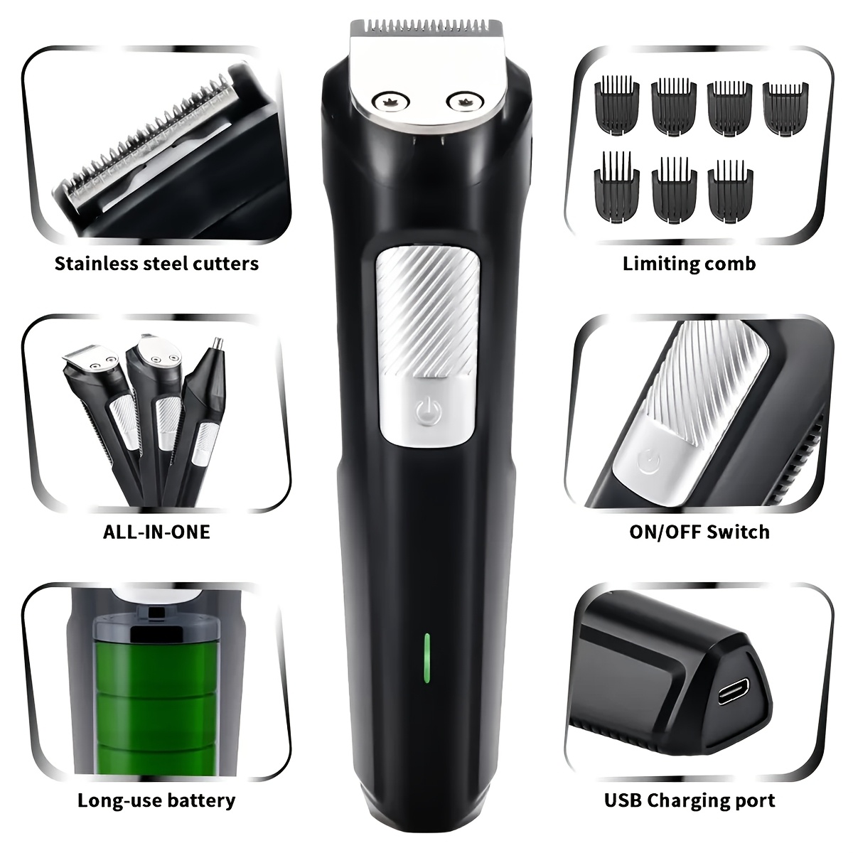 professional 3 in 1 wireless electric hair clipper multi functional adult shaver nose hair trimmer with led light usb type c charging rechargeable 600mah battery   start washable stainless steel   long       3  s and storage bag Product details 9