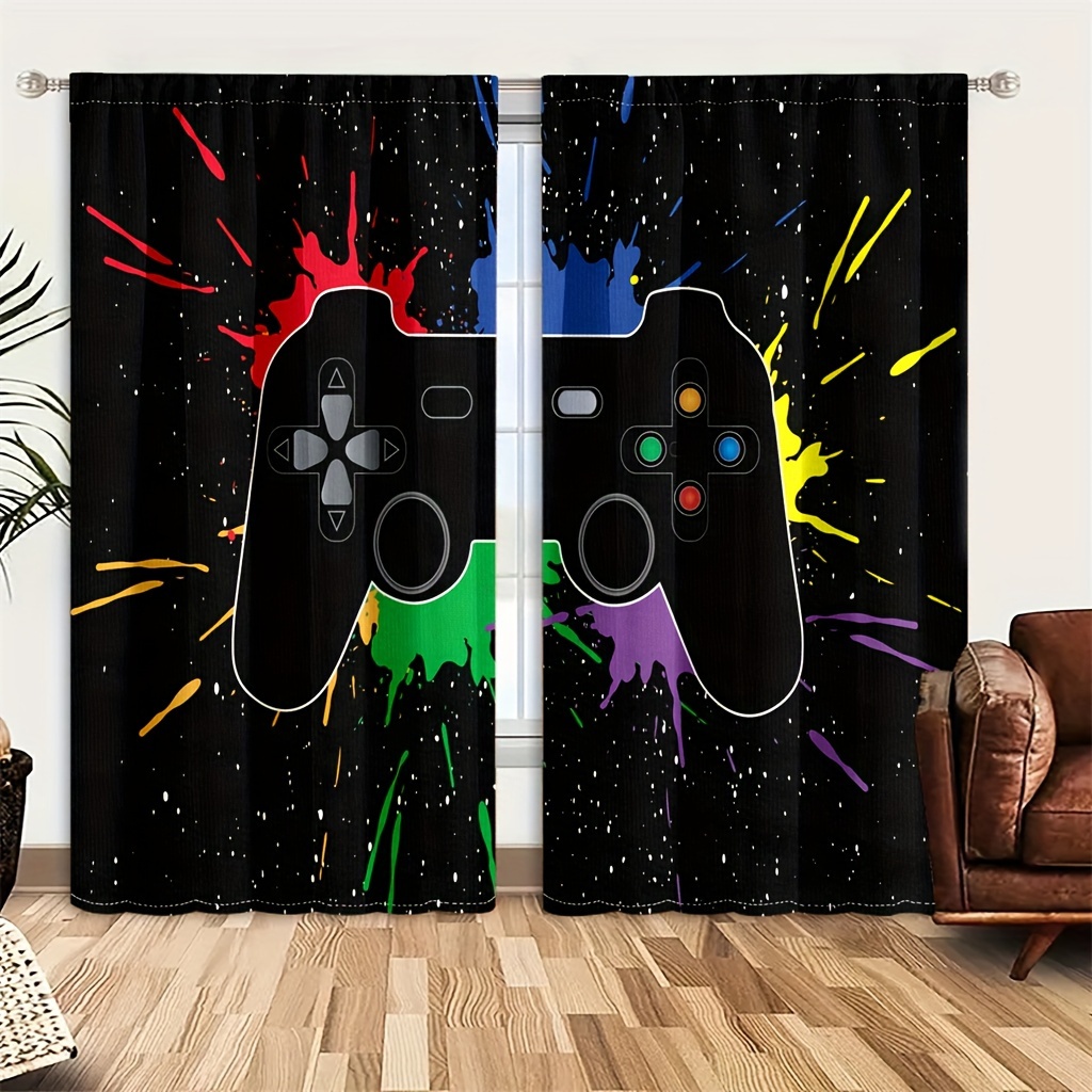 

Teen Kids Boys Favorite Stylish Gamepad Game Console Light-filtering Window Curtains, Suitable For Children's Bedroom, Living Rooms, Rod Pocket Drapes, Set Of 2 Panels