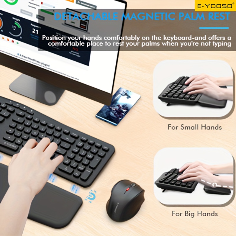 E-YOOSO 2.4G Wireless Keyboard and Mouse Set with Receiver and Wrist Rest, Ergonomic Low Battery Alert, Self-sleep Mode, Silent Key Operation, Comfortable Gaming and Office Dual-purpose Keyboard and Mouse Set (without Battery)