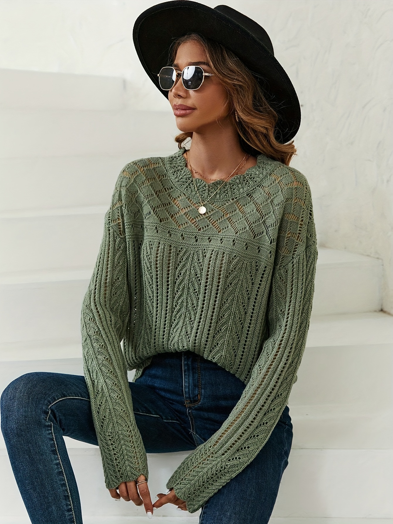 Women Khaki Wavy Stripe Scalloped Edge Pointelle Knit Sweater