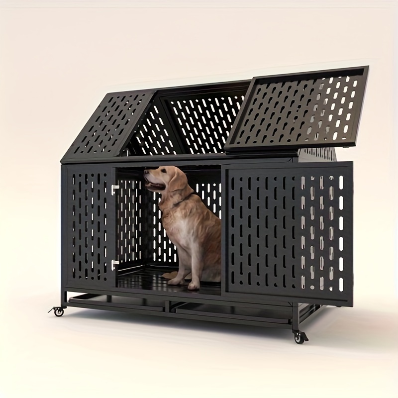 

45" Heavy Duty Dog Crate 45 Inch Pet Dog Cage Crate Kennel With Roof Top 2 Doors Removable Trays, Lockable Wheels, Escape-proof For High Anxiety Large/extra Dogs