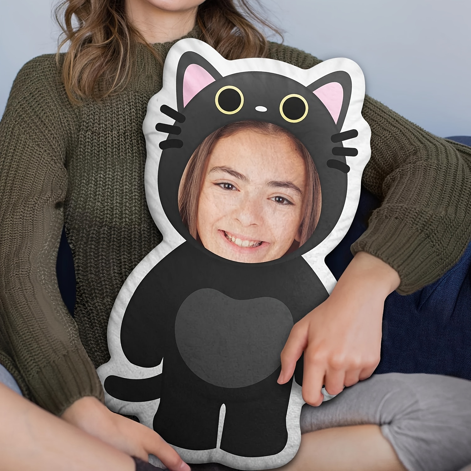 

Custom Cat-shaped Pillow With Personalized Face - Soft Polyester, Zippered, Home - Ideal For Cars, Beds, Sofas - Great For Halloween, Christmas, Valentine's, Thanksgiving