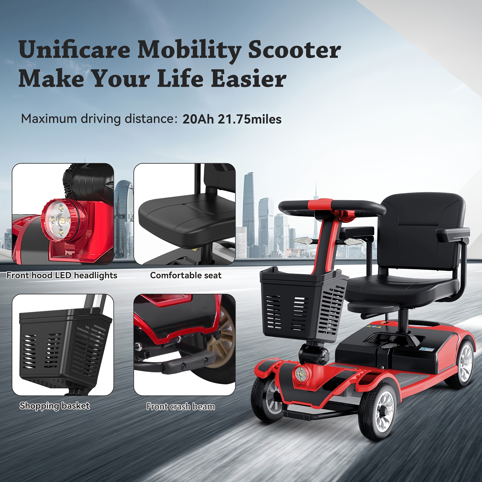 foldable four wheel mobility scooter for transporting adults and elderly electric scooter with removable battery 360 swivel seat front and back   lights tools free assemble 8 inch 9 inch solid tires electric mobility aid for senior gift Product details 7