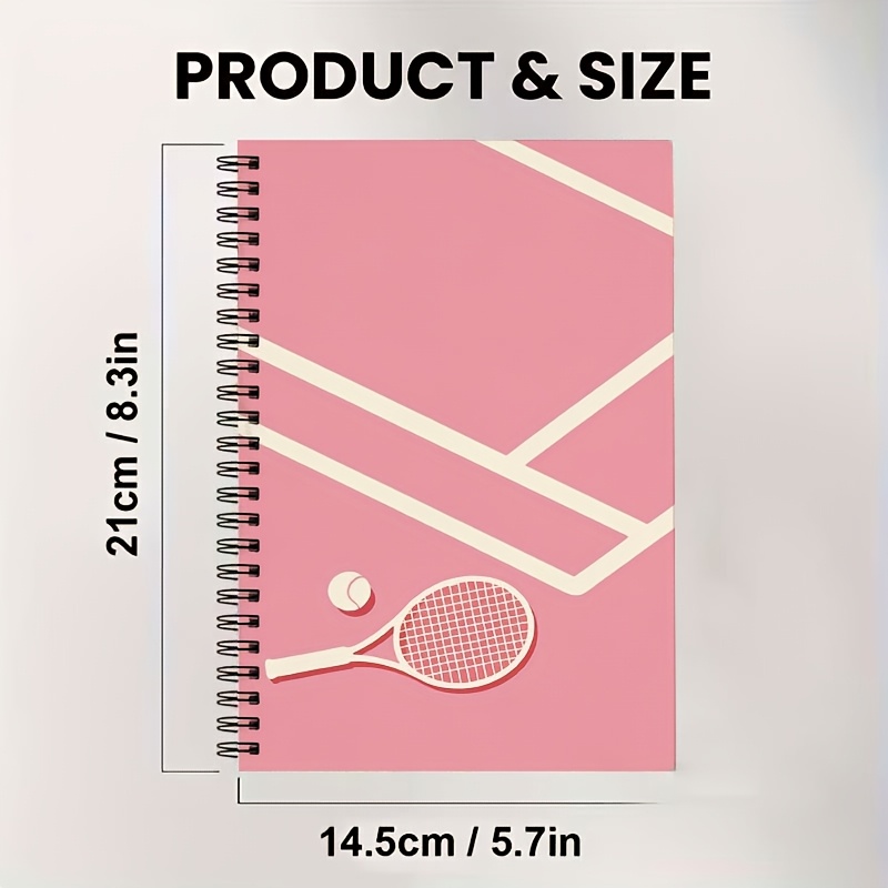 TEMU 1pc [2d] Flat Spiral Notebook, Pink Tennis Court Pattern A5 Spiral Coil Lined Notebook, Creative Sporty Style Notebook For , White-collar Office