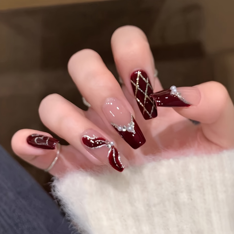 TEMU 24pcs Ballet French Tip Fake Nails Suitable For - Wine Press- Nail Patches With Glossy Detachable Nail Extensions, Medium Length For Parties