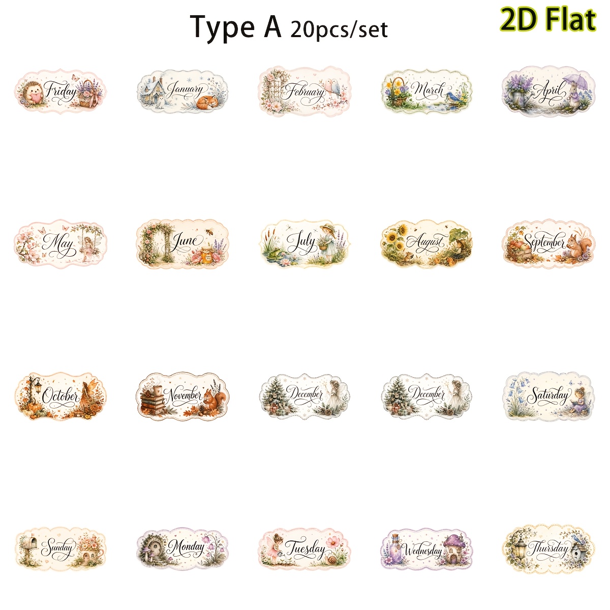 TEMU Etichette e adesivi 2D , 20 pezzi/set, retr簷, creativi, a , , per e della , adatti per diari di rifiuti, quaderni, album di , decorativi,