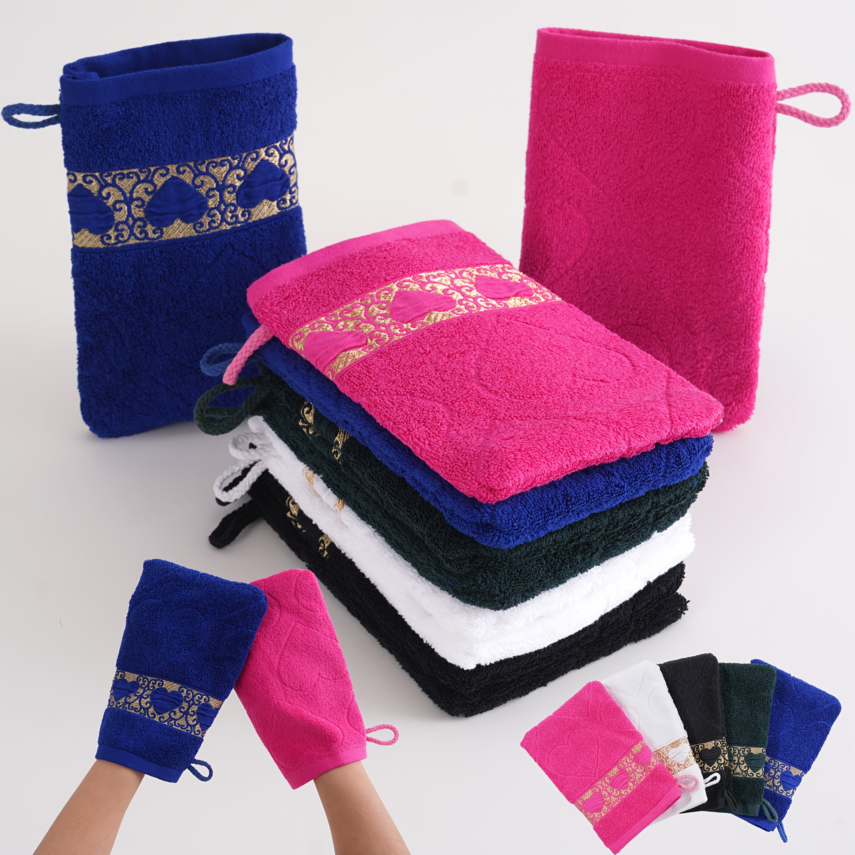 Lot de 10 gants de bain 100 % coton absorbants et doux, adaptés comme serviette de toilette, gants démaquillants réutilisables
