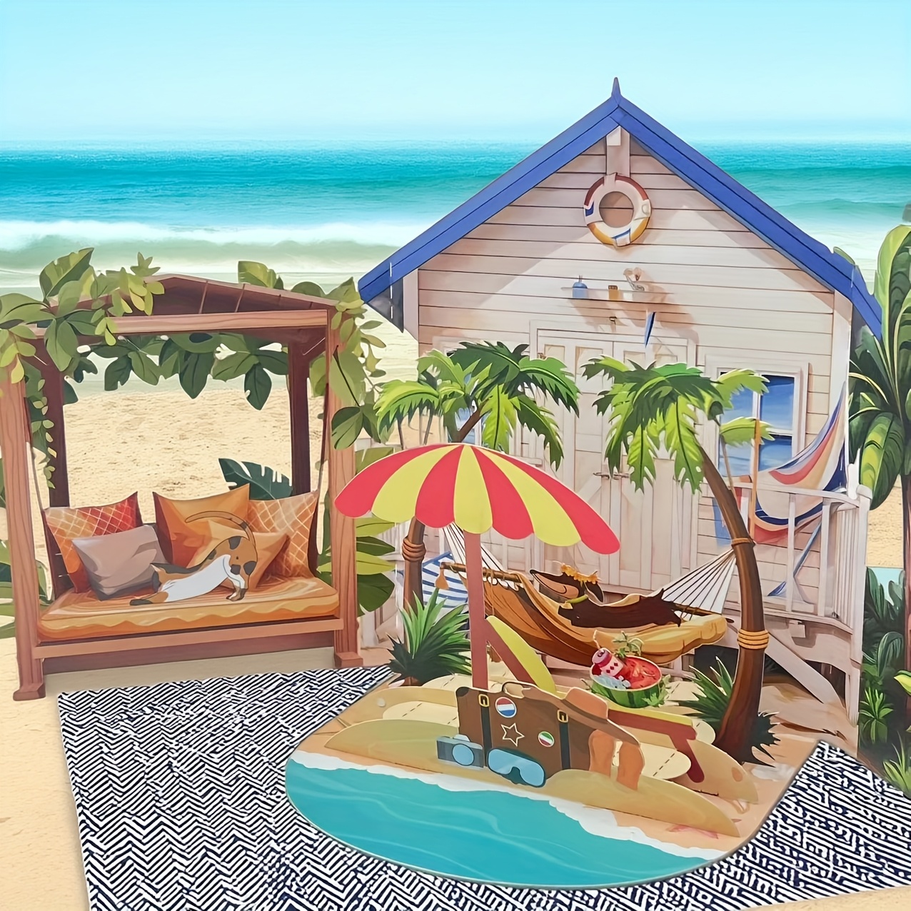 E-shop 3D Pop-up-Karte mit faulem Kätzchen unter der am Strand, in einem Liegestuhl voller eiskaltem Wassermelonen-Saft. Eine entspannende und