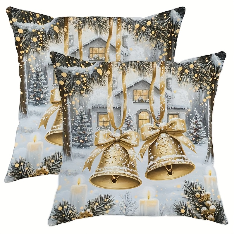 TEMU 2pcs Of High-quality Short Plush Christmas Pillows With In Front Of The Christmas House, Suitable For Halloween, Christmas, New Year, 16x16
