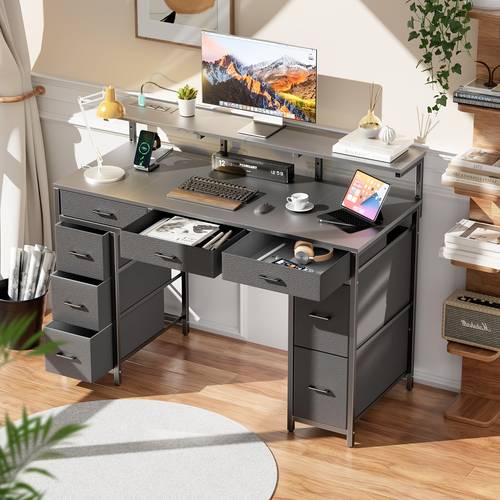 47 inch computer desk with 8 storage drawers and adjustable monitor stand writing desk with led lights usb power outlets gaming table for bedroom study or home office