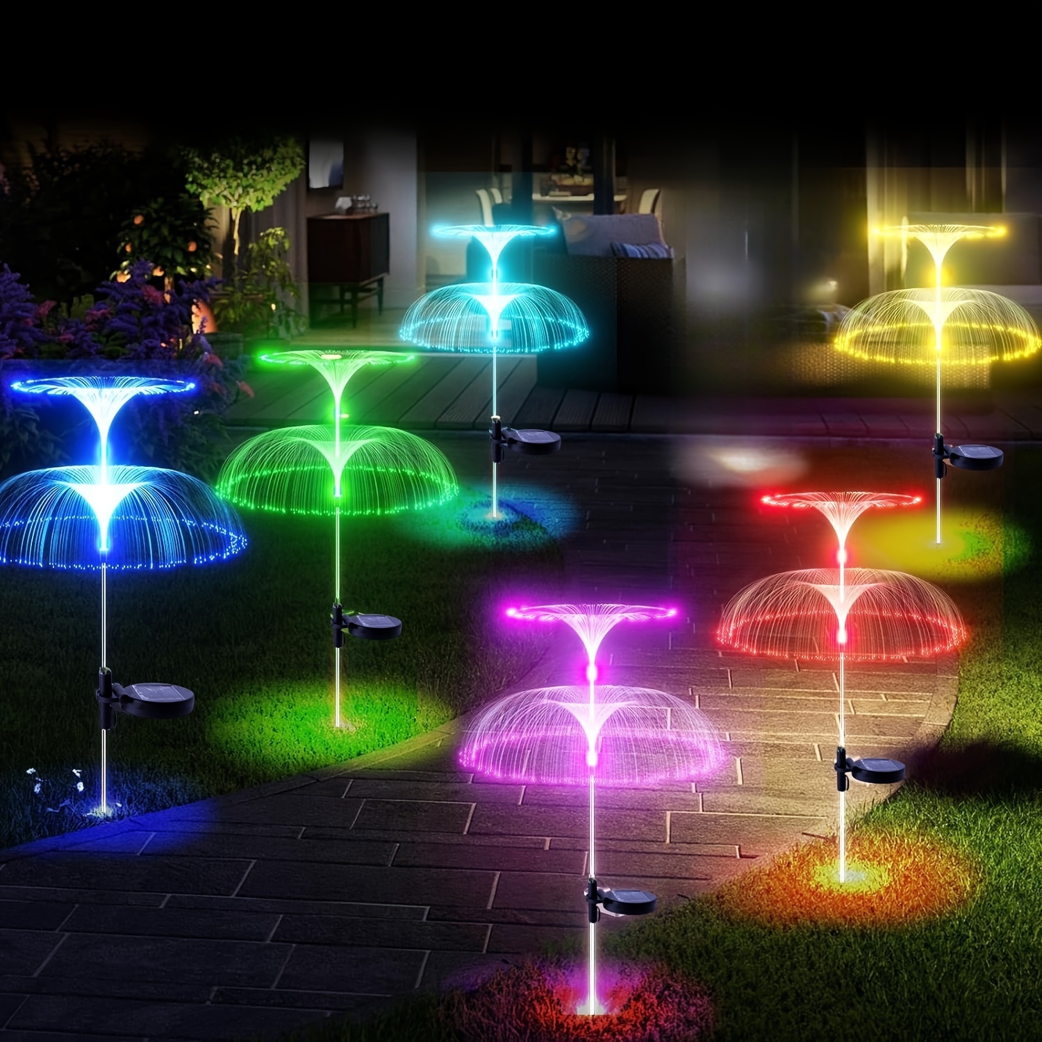 

3pcs/4pcs Outdoor, 7 Color Changing Double Jellyfish Solar Flower Lights, Outdoor Solar Lights For Yard, Backyard, Lawn Decoration