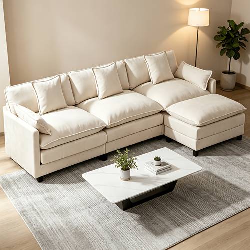 L-Shaped 3-Seat with Ottoman, 108 Blue Chenille Couch, Spring-Embedded 30D Foam Cushion, Washable Removable Cover for Living Room