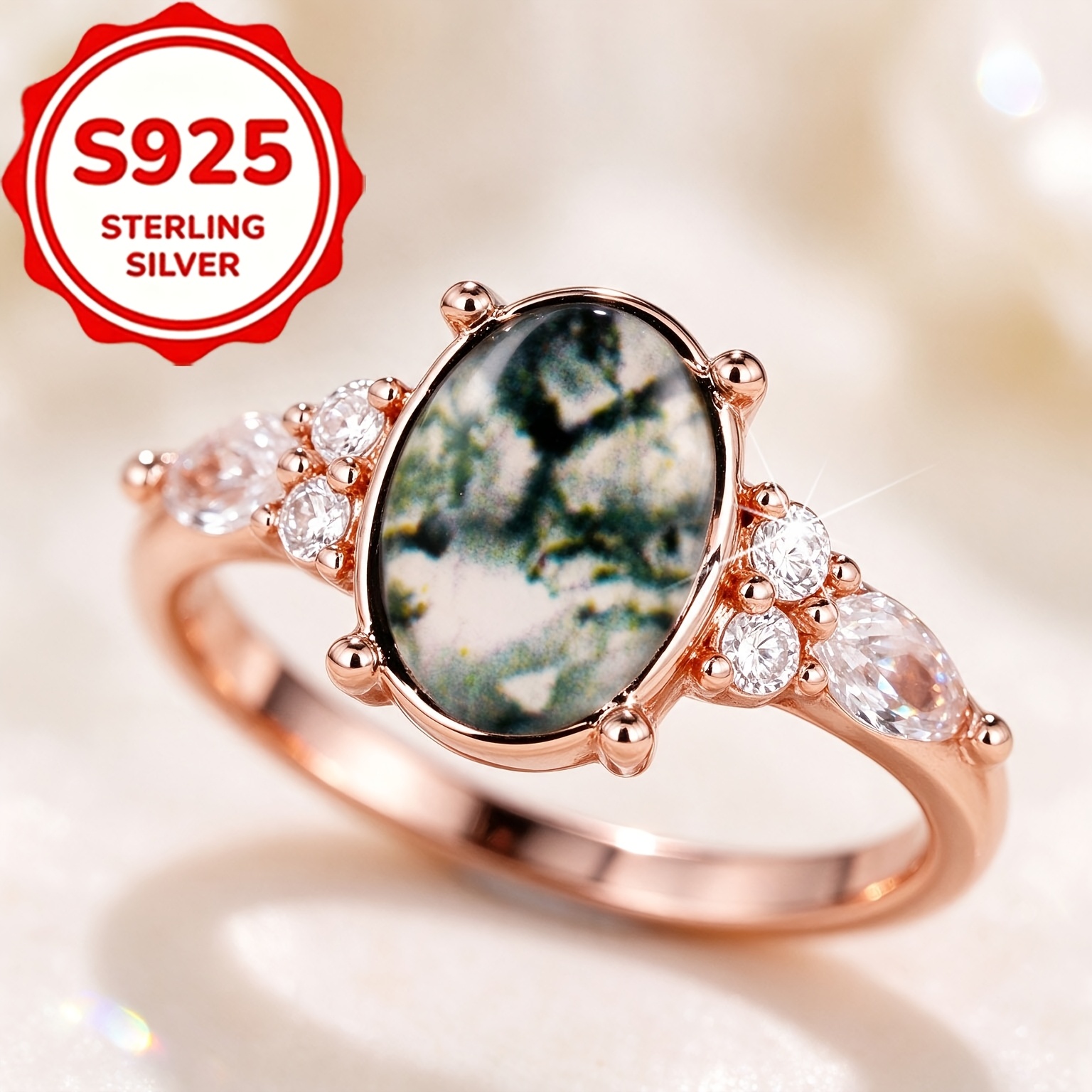Women's S925 Imitation Natural Stone Oval Four-Claw Ring