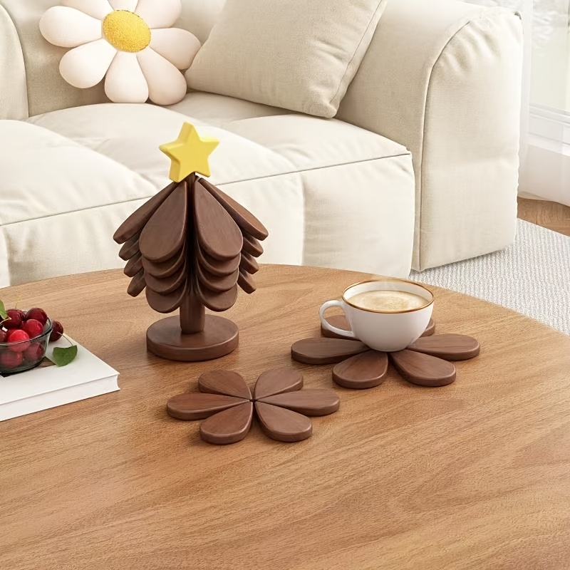 TEMU 5pcs Set Of Heat-resistant Foldable Wood-look Coasters | And Shapes (4pcs Leaves And 1pc Trunk) Suitable For Hot Drinks, Holiday Table Setting,