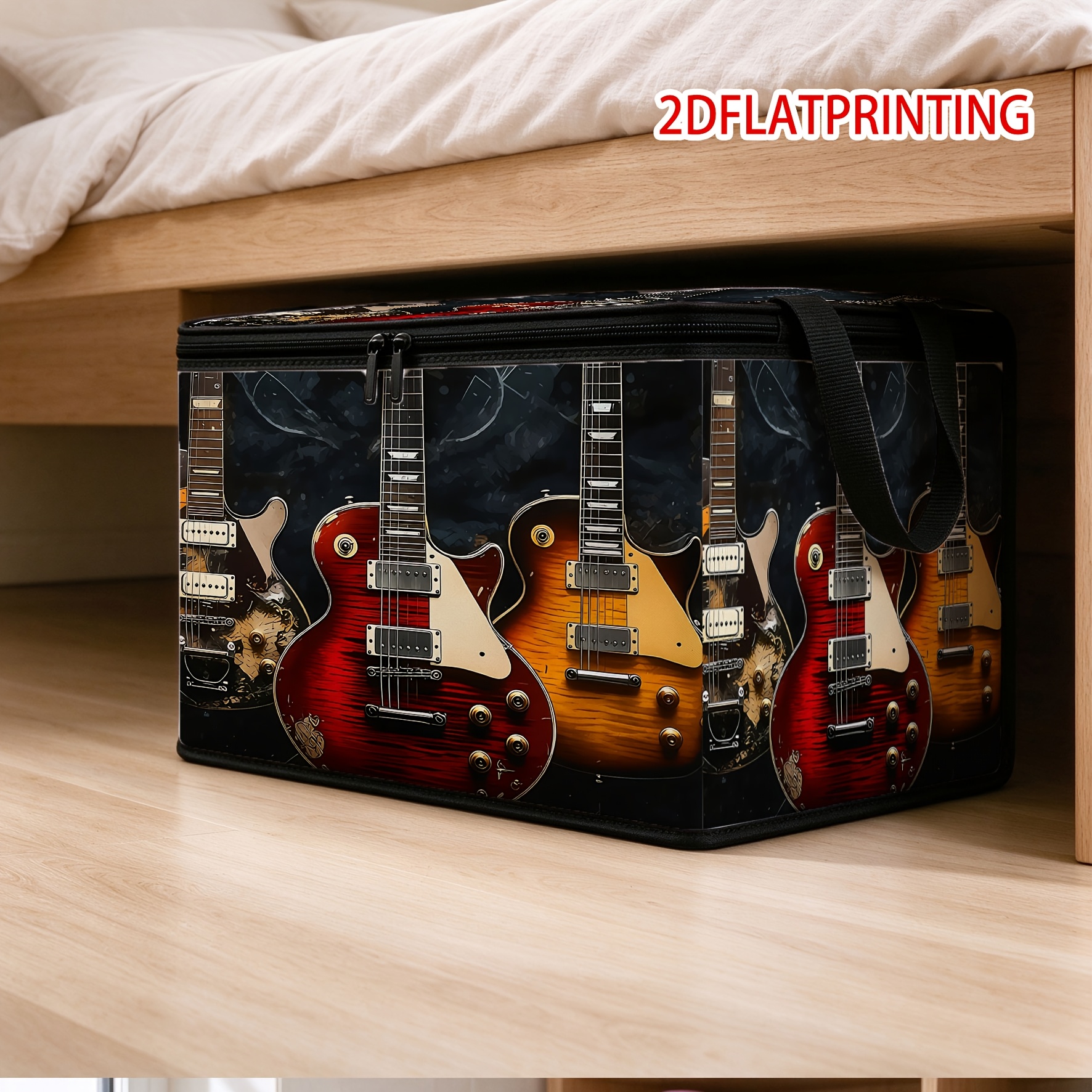 TEMU 1pc - Large Capacity Storage Box, Featuring Retro Rock Music Electric Illustration , Soft Fabric, Durable Zipper, Portable And Foldable Design,