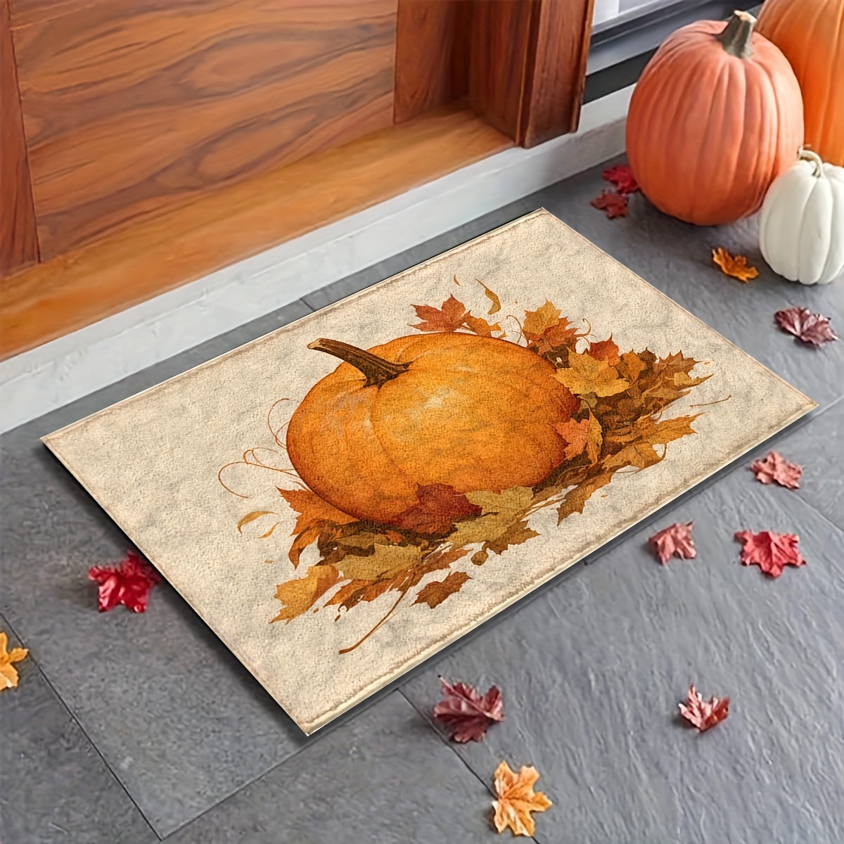 

Thanksgiving Pumpkin & Maple Leaf Faux Cashmere Bath Mat - Quick Dry, Non-slip, Machine Washable - Kitchen, Bathroom Decor & Autumn Home