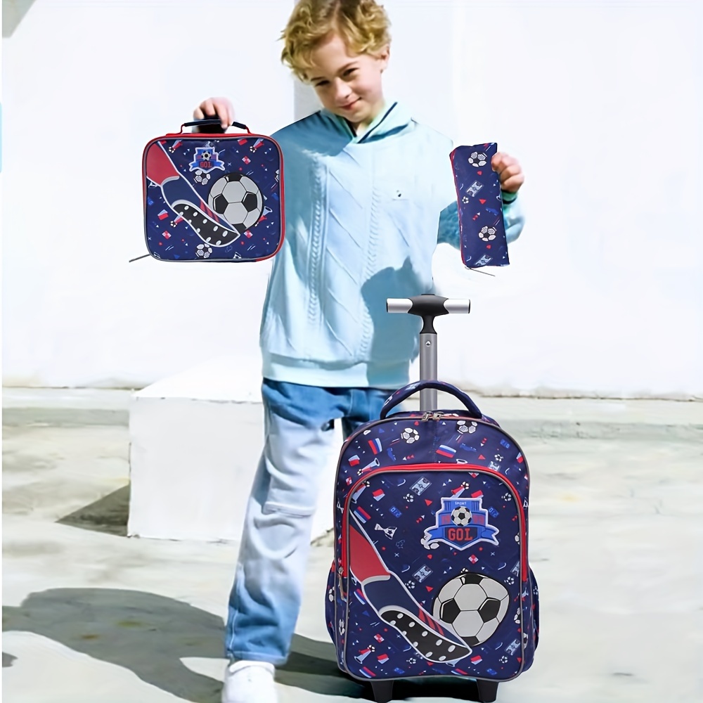 

3 sacs à dos à roulettes pour garçons et filles, sac à dos d'école à roulettes avec sac à déjeuner et sac à stylos, motif de football bleu