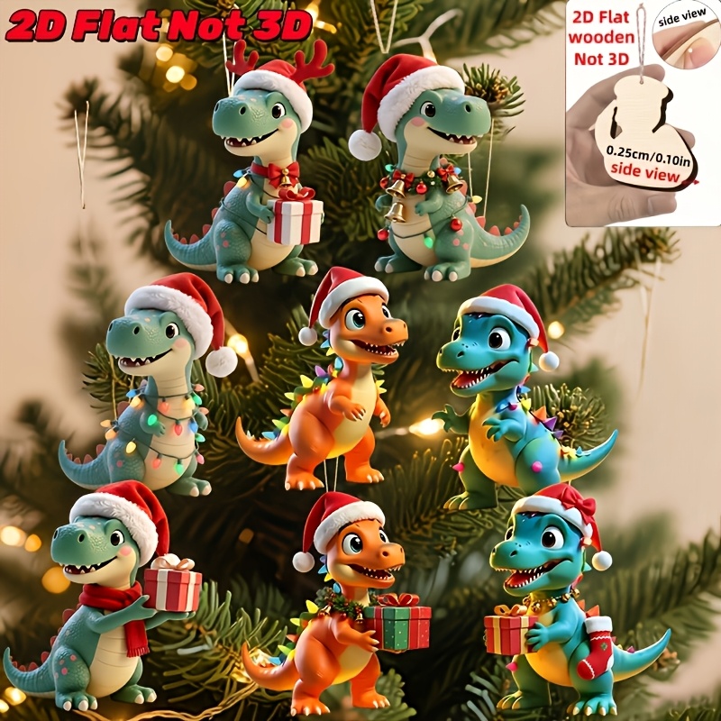 TEMU 2d Flat, 2d Flat - 8pcs Set Of Cute Little Dinosaur Wooden Ornaments In Various Christmas Outfits - 2d Flat, Dinosaurs Wearing Different