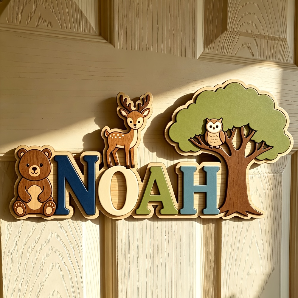 TEMU Figurines , plaque de nom personnalisée en bois 3D, plaque de nom personnalisée pour bébé avec , , et grand arbre, décoration murale de chambre