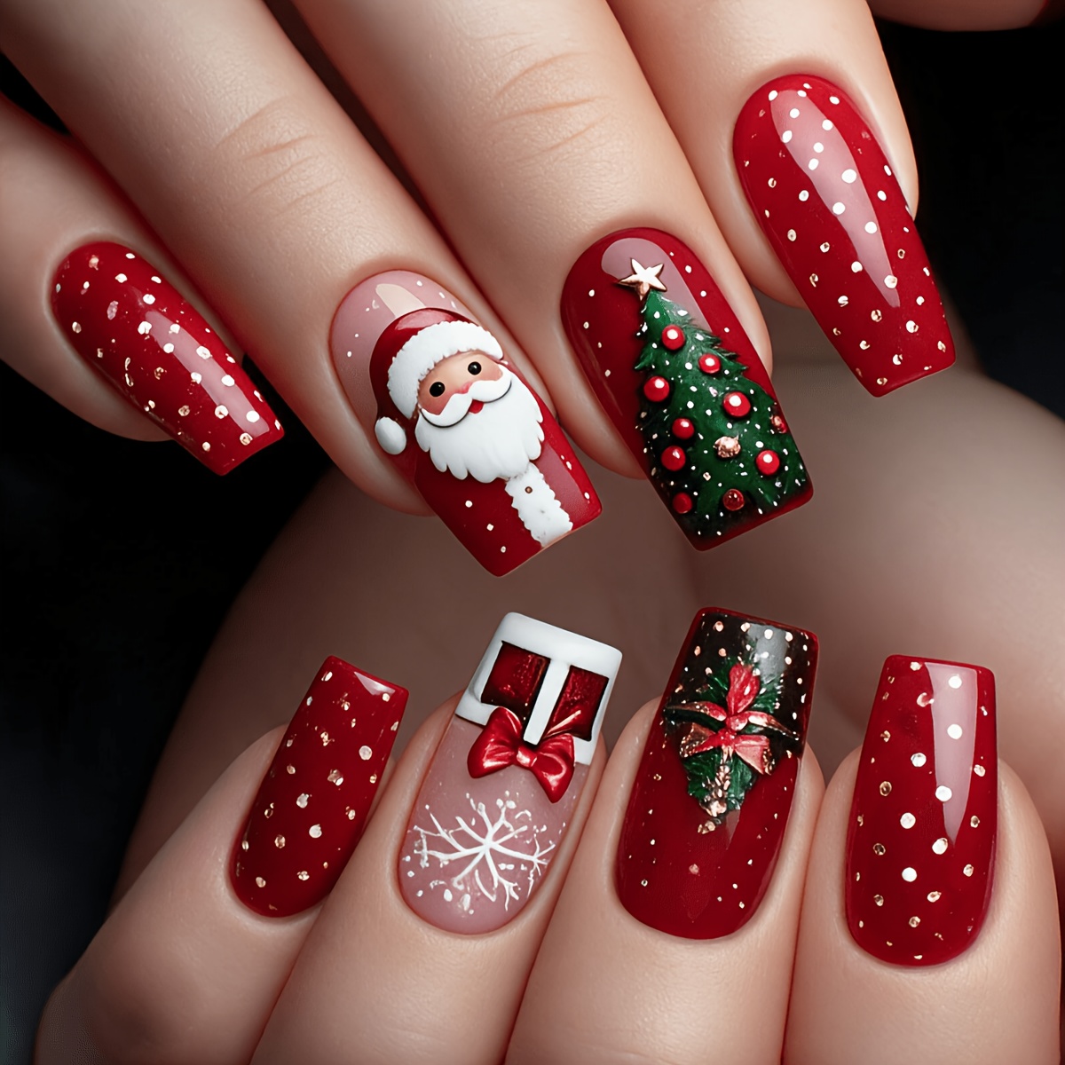 TEMU Red Santa Claus False Nails Suitable For Christmas - Glossy Press- Nail Art With Santa Patterns, Removable Square Medium Length Nail Tips,