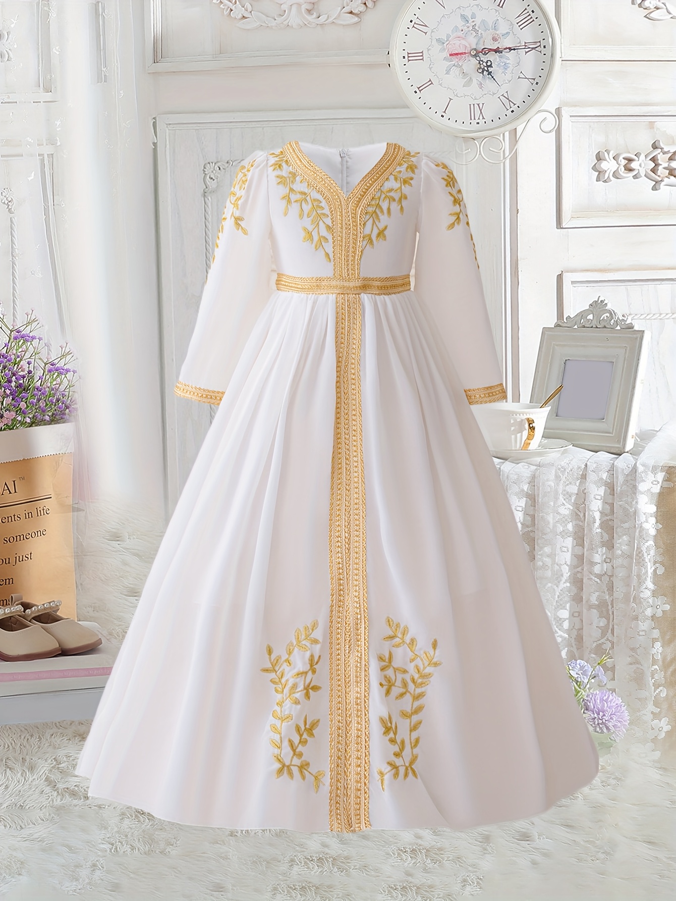 elegant white abaya dress for young girls - polyester, long sleeve, puff  sleeve design with golden embroidery and beaded detail, eid and formal  events, eid dress | elegant abaya | polyester dress -