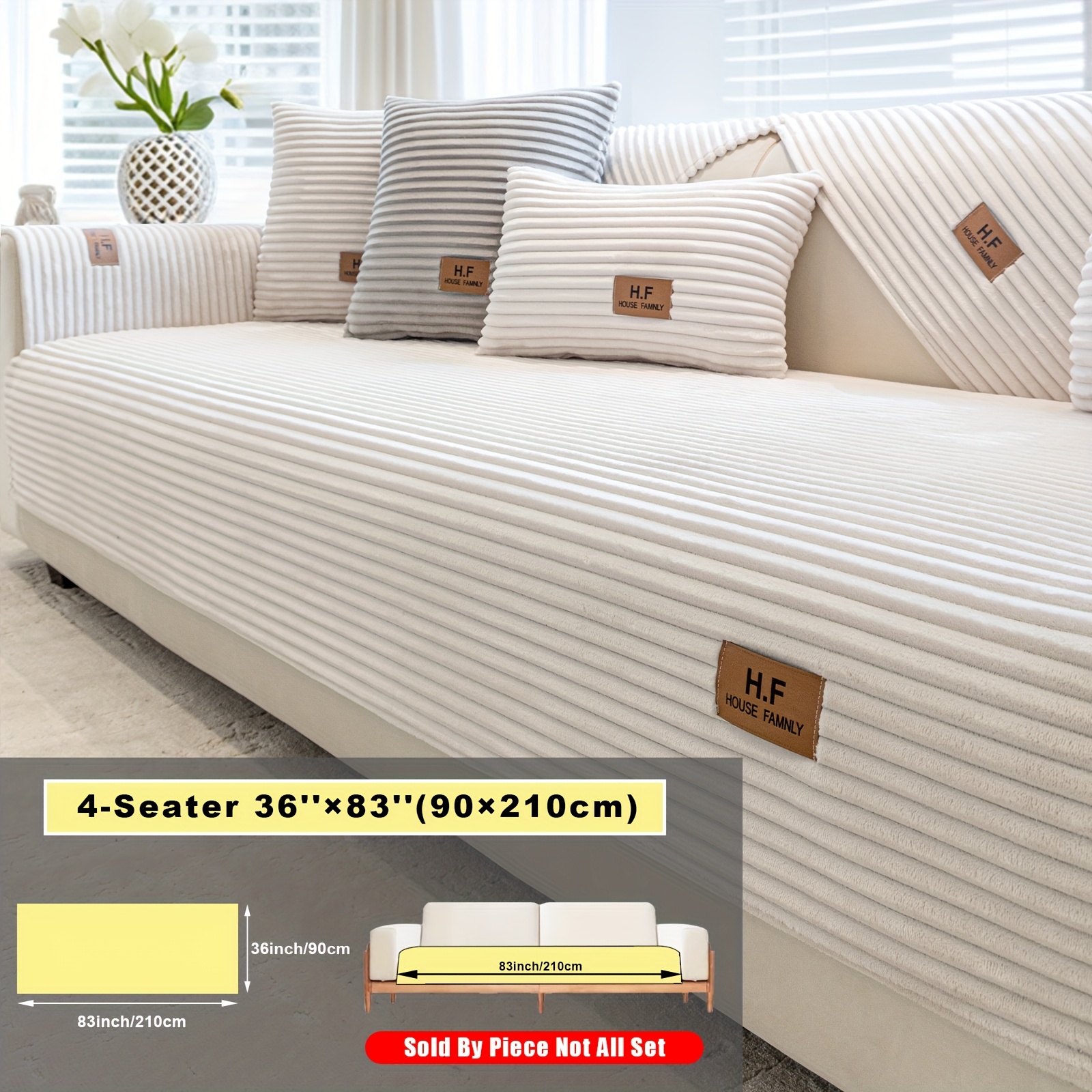 TEMU 1pc European & Trendy Solid Striped Sofa Cushion, Hf Label Short Plush Sectional Sofa Cover, Furniture Protector Mat, Pet-friendly Non-slip Sofa