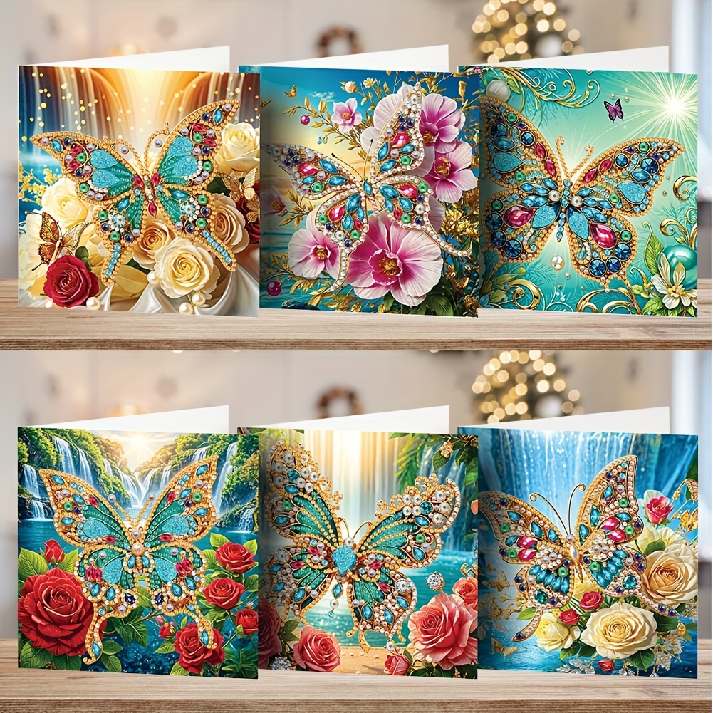TEMU Een 6-delige Diamond Painting Set, Wenskaarten - Met een 2D Vlinder Ontwerp, Irregulaire Acryl Diamanten, Handgemaakte Glitterende Kaarten