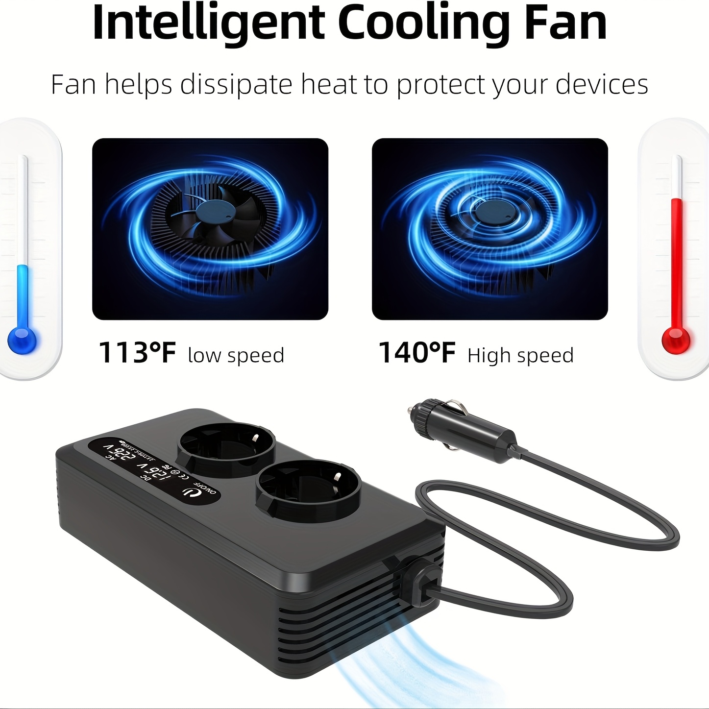 Onduleur de Puissance pour Véhicule 400W Convertissant DC 12V en AC 230V, avec Adaptateur de Voiture et 2 Ports USB, 2 Ports Type-C, un Écran LCD et des Prises AC, Conçu pour l'UE – Image 4