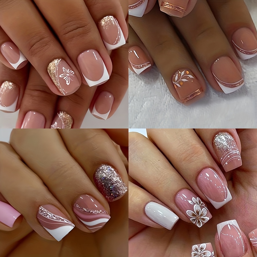 TEMU 96 pezzi (4 set) Unghie Finte Press-On Corte e Lunghe Squoval Lucide con Glitter Rosa Stile , Unghie Artificiali Riutilizzabili con Motivo Fiori