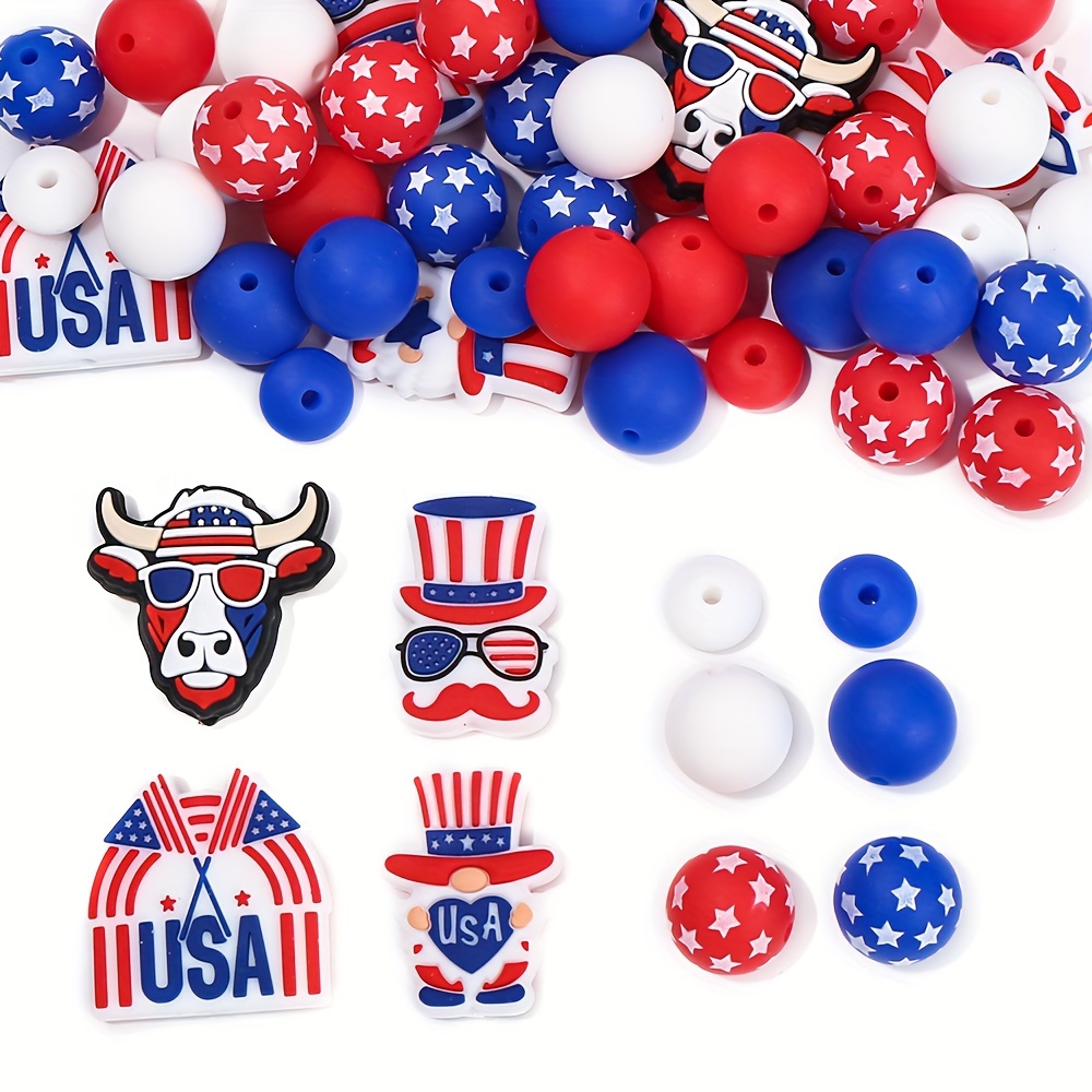 

47pcs 4th Of July Spacer Beads Patriotic Silicone Beads Bulk For Craft Independence Day Beads America Flag Star Round Silicone Beads For Diy Pen Keychain Bracelet Necklaces