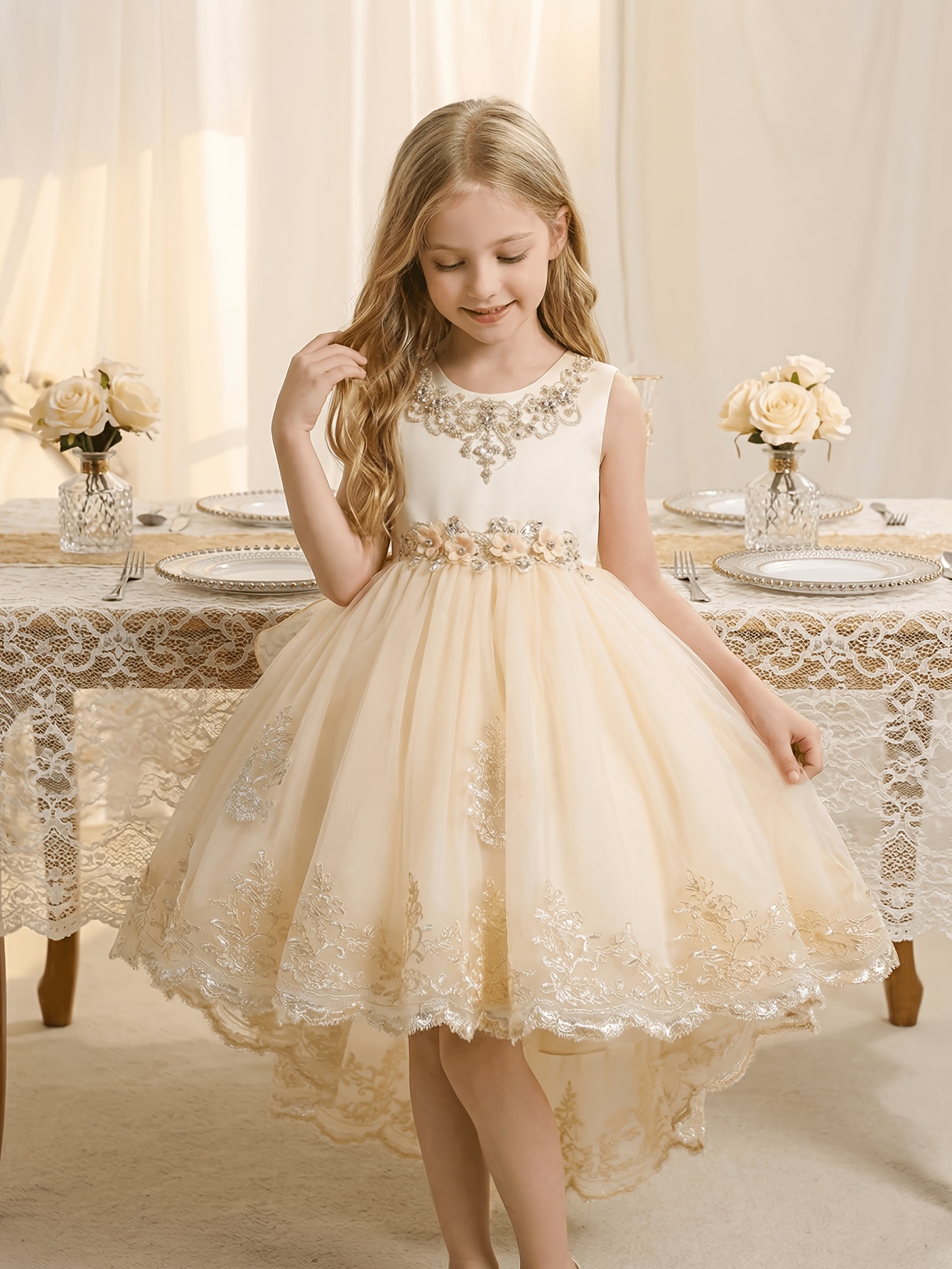form fitting wedding guest dress EMBROIDERED FLOWER LACE LAYERED TULLE MAXI DRESS – OhYes Fashion
