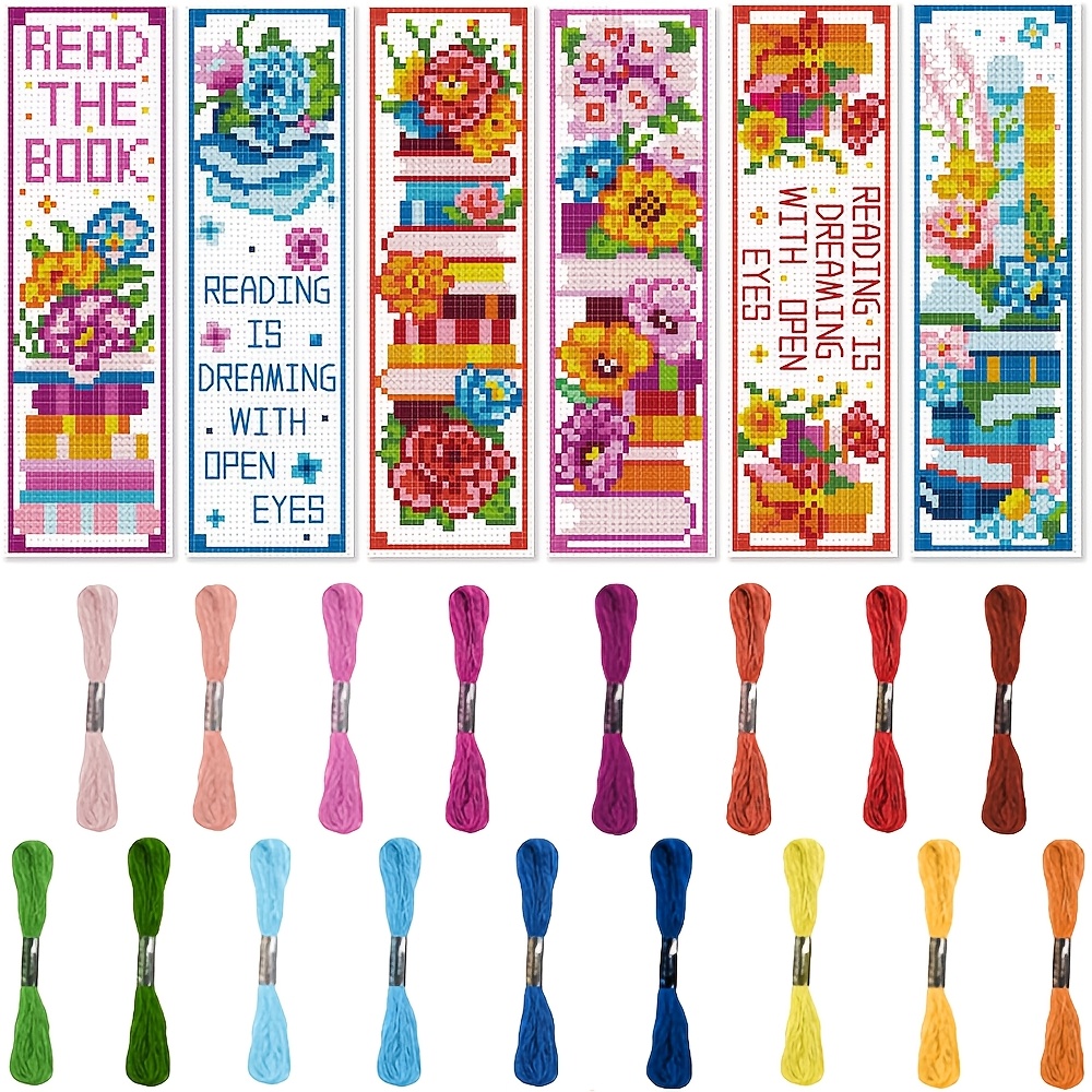 

Diy Stitch Bookmark Kit - 6pcs Set With Floral & Text Designs, Embroidery Floss & Tools Included, Beginners & Craft Lovers, Colors