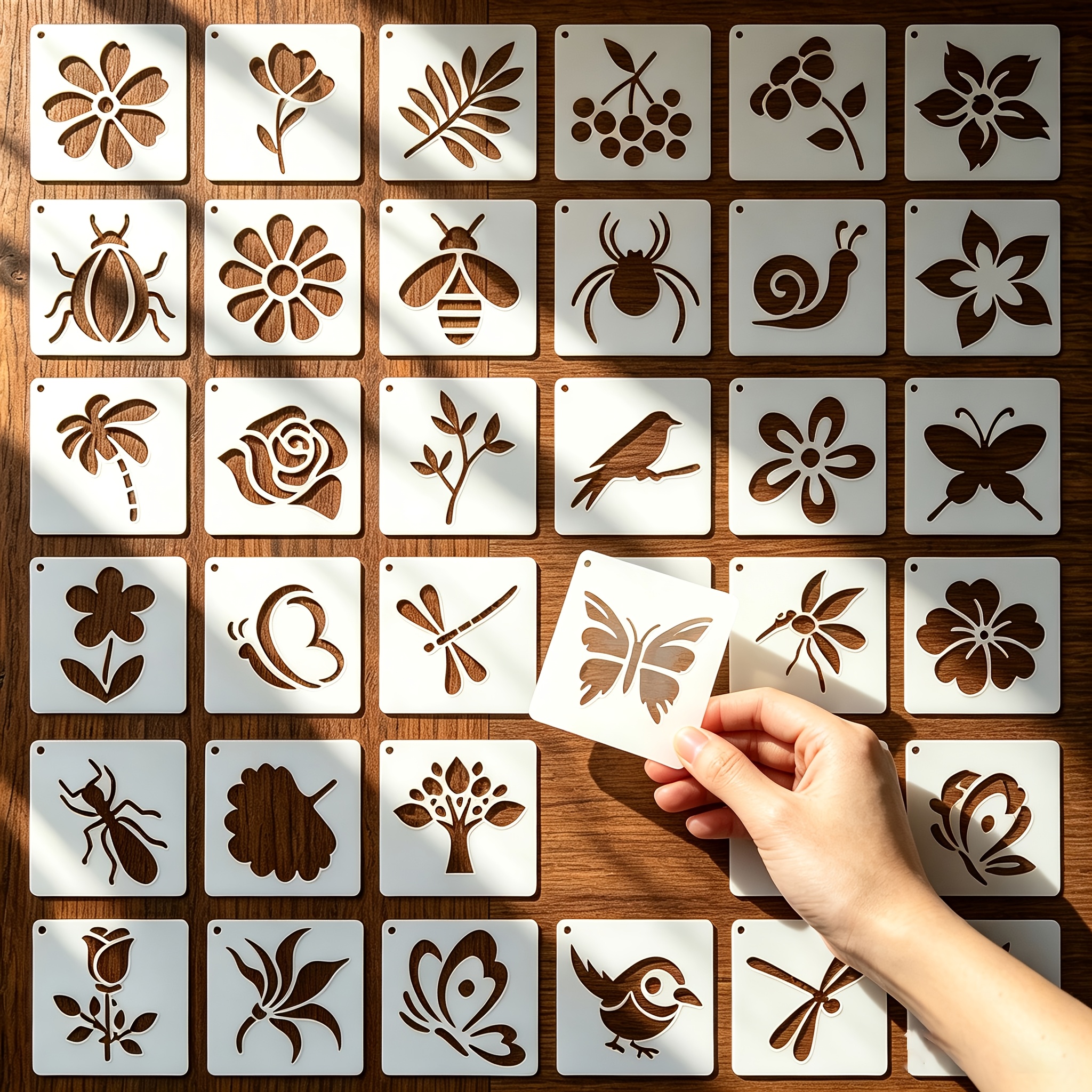 TEMU 36pcs Mini Rural Style Stencils Suitable For Diy Crafts - Reusable Hollow Templates With Flower, Leaf, Bird, , Dragonfly, Clover Shapes For
