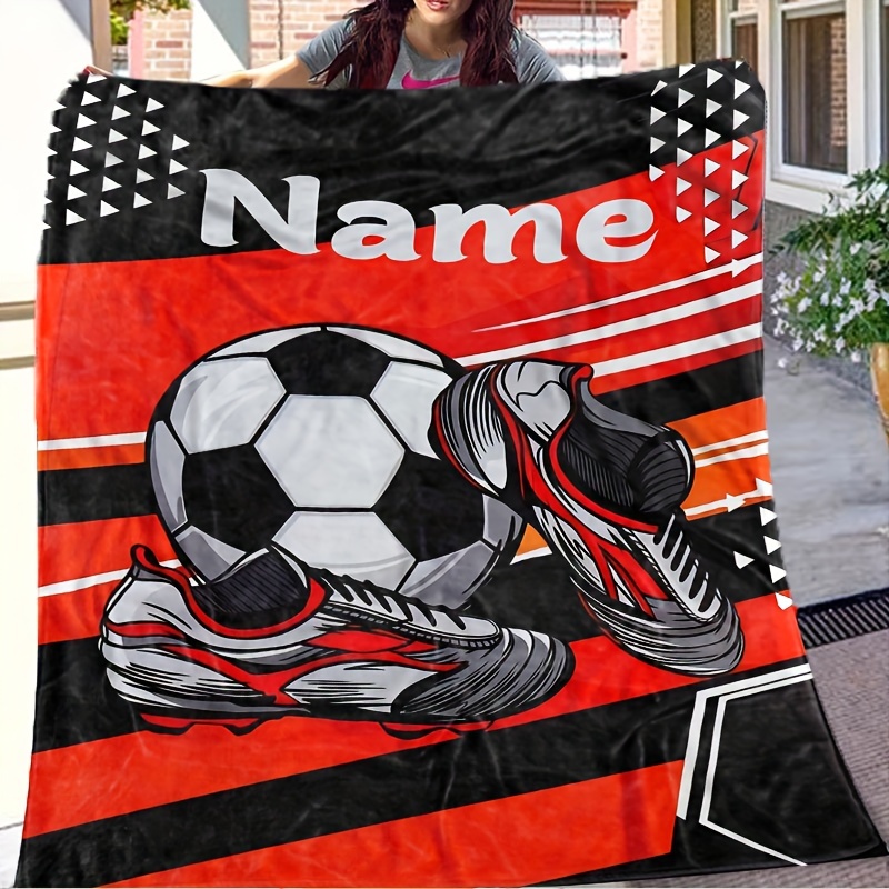 

Personalized Soccer Enthusiast Throw Blanket Customizable With Name, Football & Cleats Print, Hypoallergenic Polyester Knitted Blanket, Machine Washable, Travel & Camping Blanket - 1pc