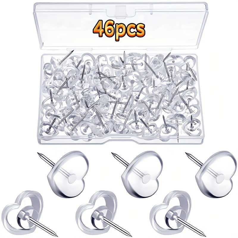 TEMU 46pcs Transparent Plastic Heart-shaped Push Pins, Strong Screw-head Pins, Steel-head Push Pins, Suitable For Bulletin Boards, Cork Boards, Maps,