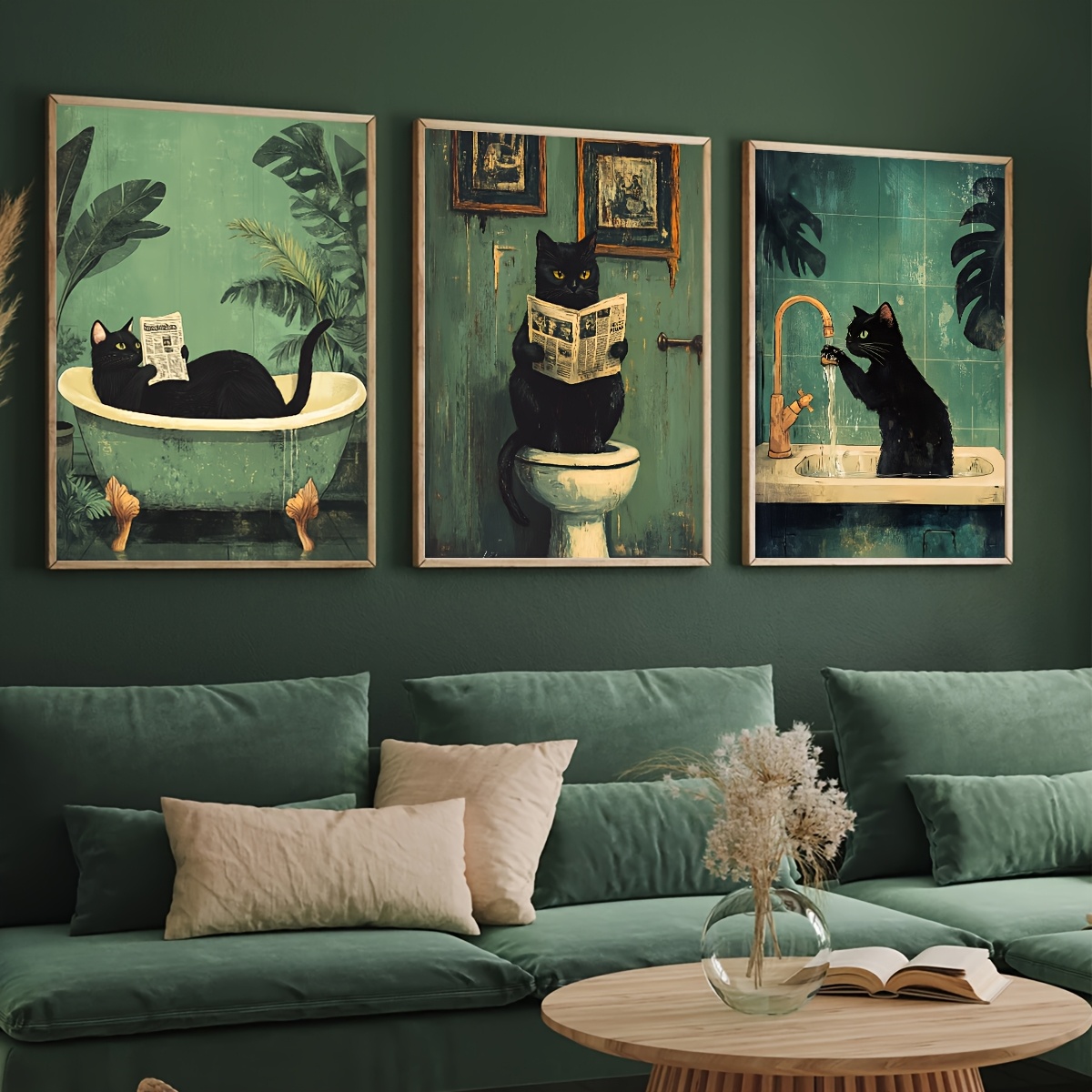 

3pcs Set Funny Cat Bathroom Wall Art, Bohemian Style, Indoor Canvas Posters, Orientation, Animal Print For Living Room, Bedroom, Spring/summer Decor