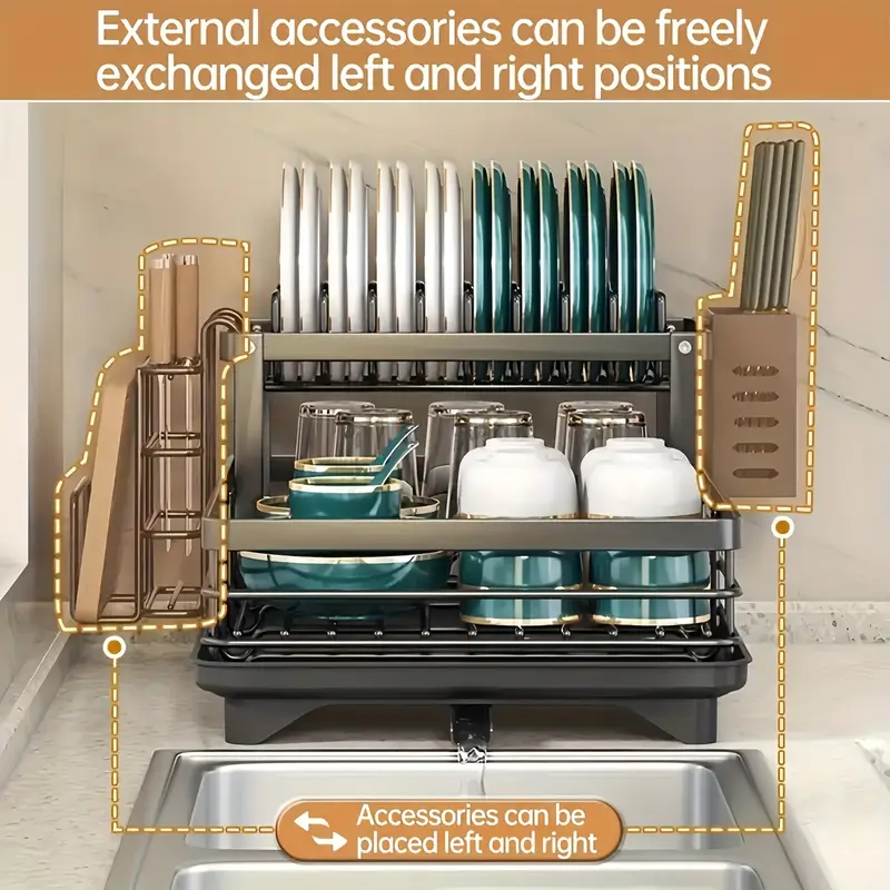 2 tier drying rack with automatic water drainage metal freestanding kitchen rack with bowl and chopstick holder knife slot board stand high capacity drying racks Product details 0