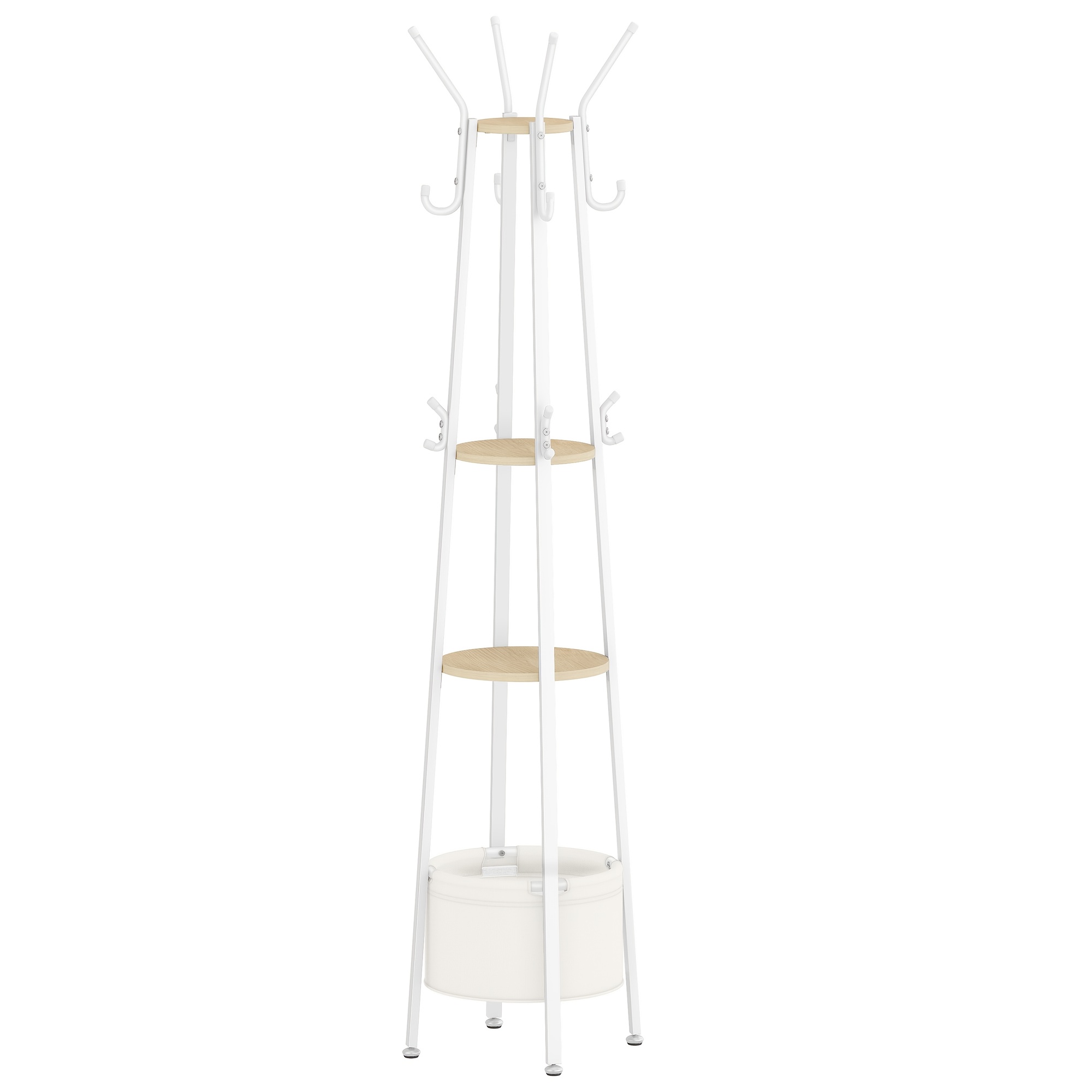Coat Rack, Clothes Rack With Large Storage Basket, Coat Rack With 3 Shelves And 16 Hooks For Scarves, Bags, Hats, For Entrance Area, Living Room, Bedroom, Oak And White