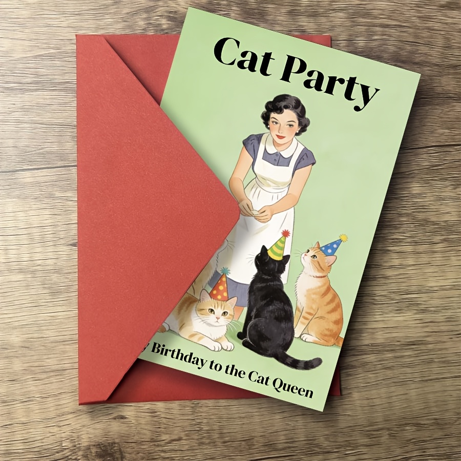 TEMU A Woman Apron With 5 Cats Wearing Party Hats Against Background, With "cat Party" And "happy Birthday To The " At . Birthday Occasions, In A
