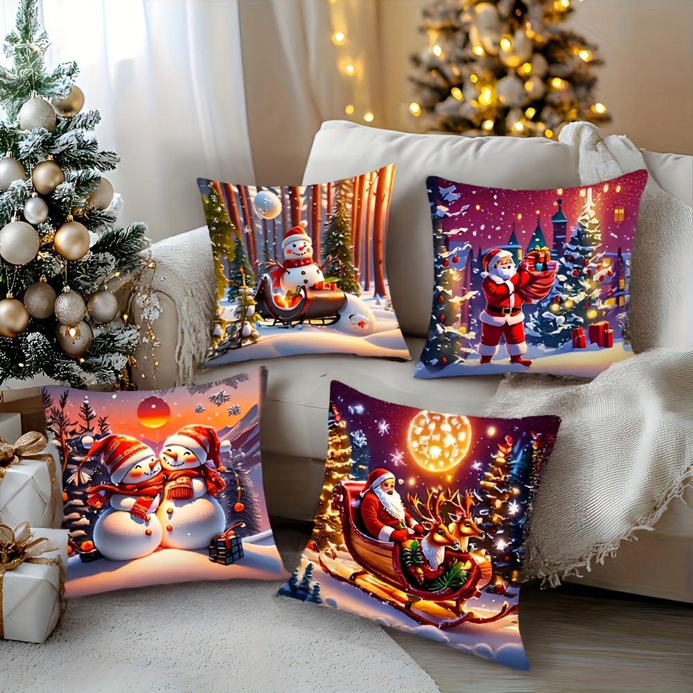 TEMU Set Of 4 Christmas Pillow Covers Double-sided Santa Snowman Reindeer Car Sofa Cushion Covers Holiday Decor For Kitchen Bedroom Party, Optional