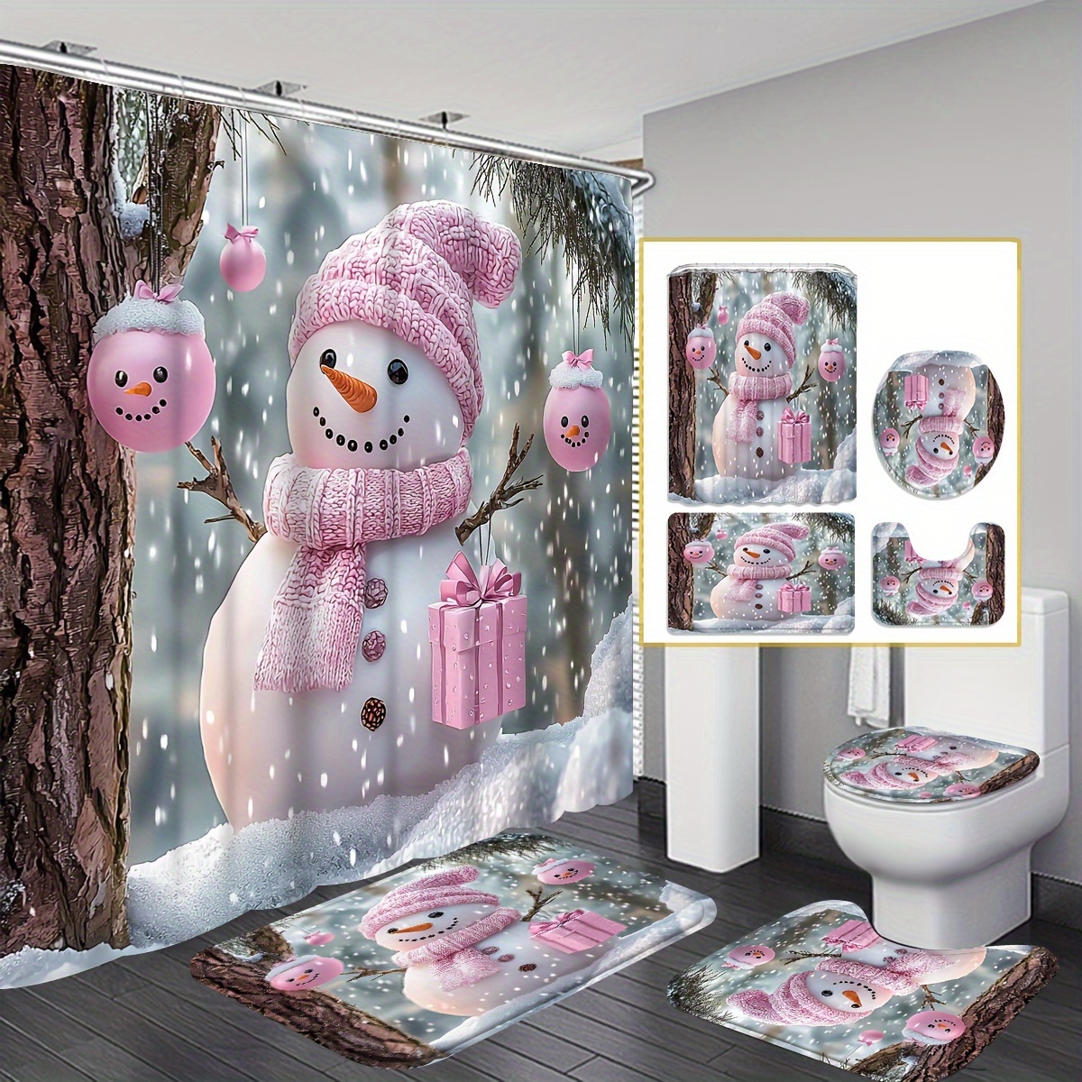 

1pc/4pcs Christmas Decorations, Christmas Pattern Shower Curtain, Shower Curtain 12 , Bathroom Rug, U-shaped Mat, Lid Mat, Bathroom Decoration, Bathroom Shower Curtain Set