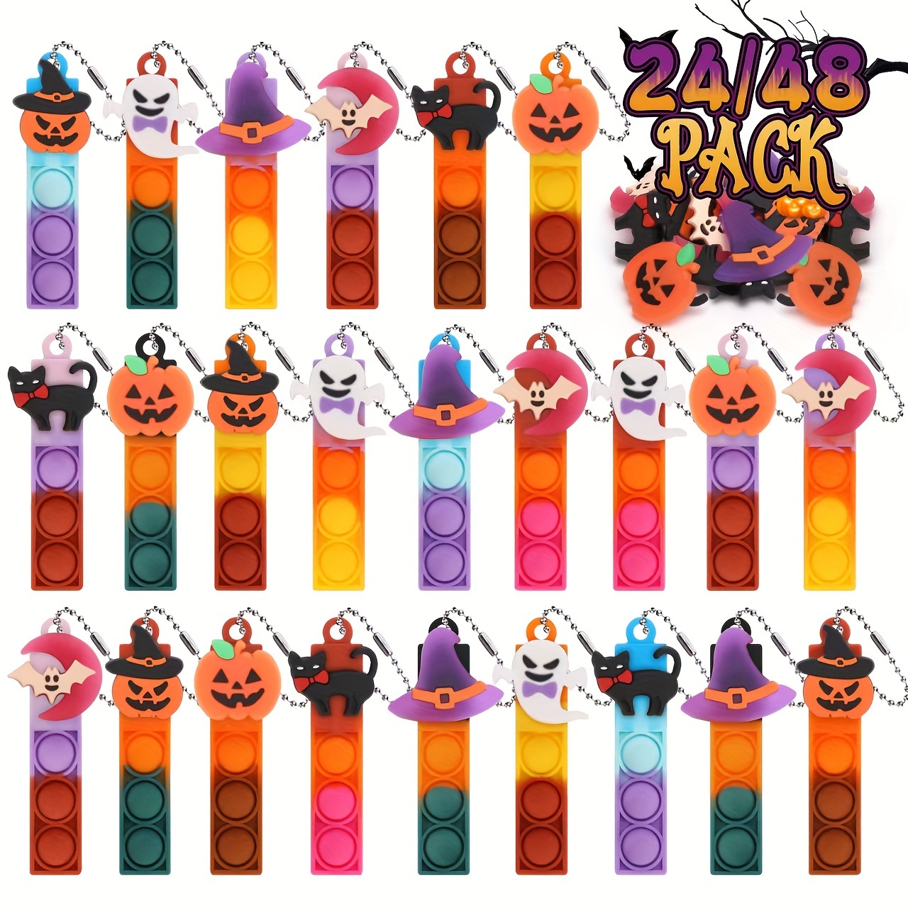 

24/48pcs Halloween Mini Pop Fidget Toys Bulk Party Favors For Kids Pop Keychain Sensory Toys Bag Fillers Pop Toddler Birthday Carnival Treasure Classroom Prizes Desk Toy