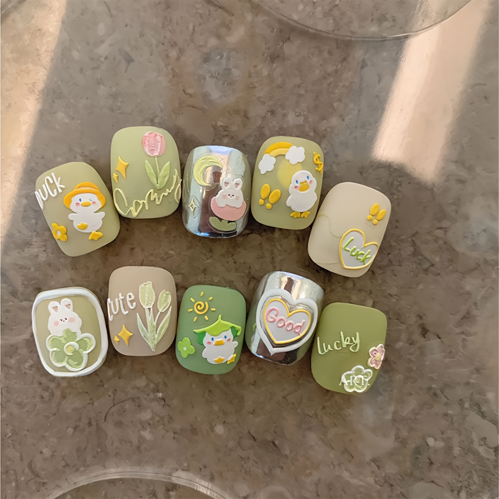 

Chic Green Heart & 3d Embossed Nail Art Stickers - Hypoallergenic, Self-adhesive Decals For Fashionable