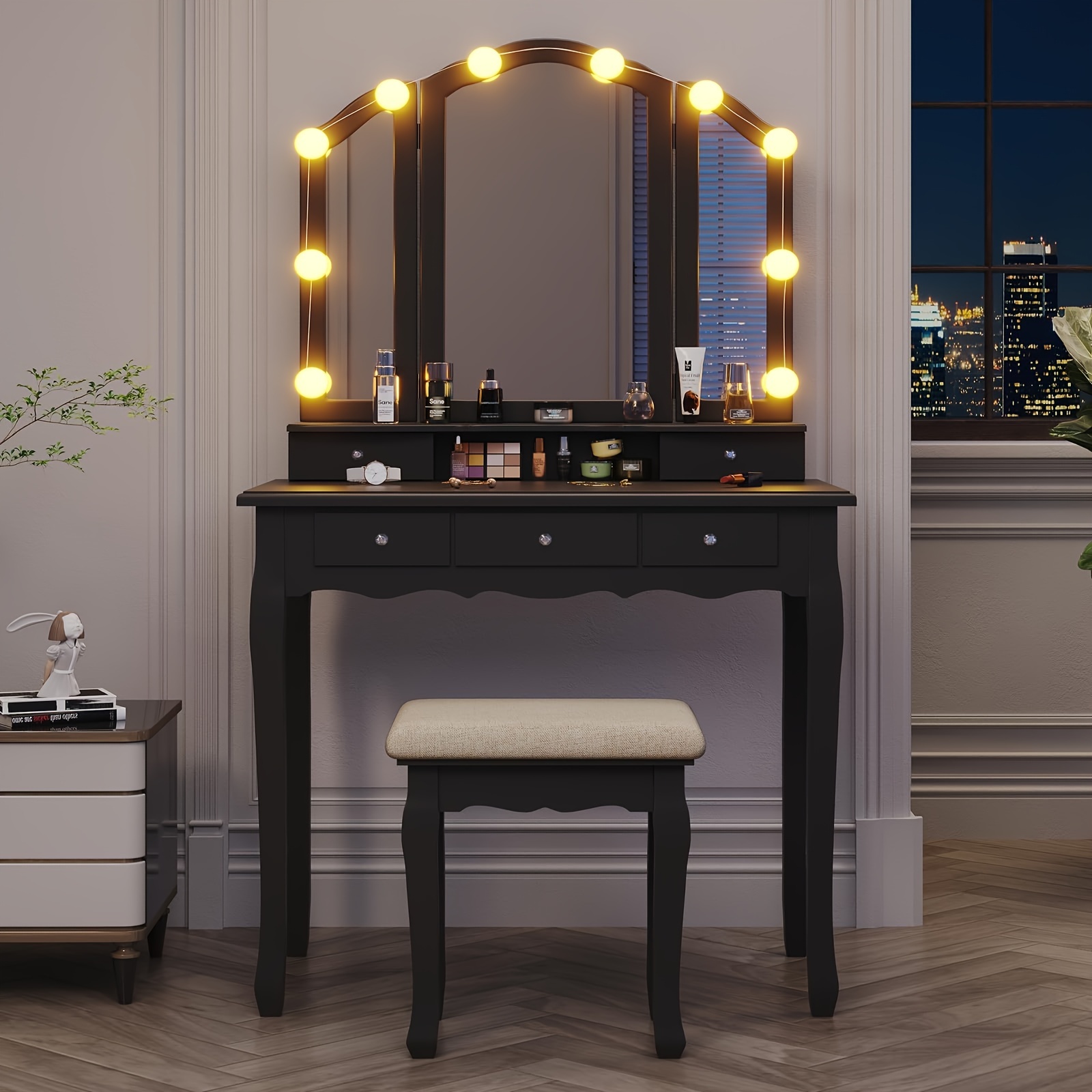 TEMU Black Vanity Desk With Lights, 10 Light Bulbs & 3 Color Lighting , Vanity Table Set With 5 Drawers And Stool, Makeup Table With Mirror