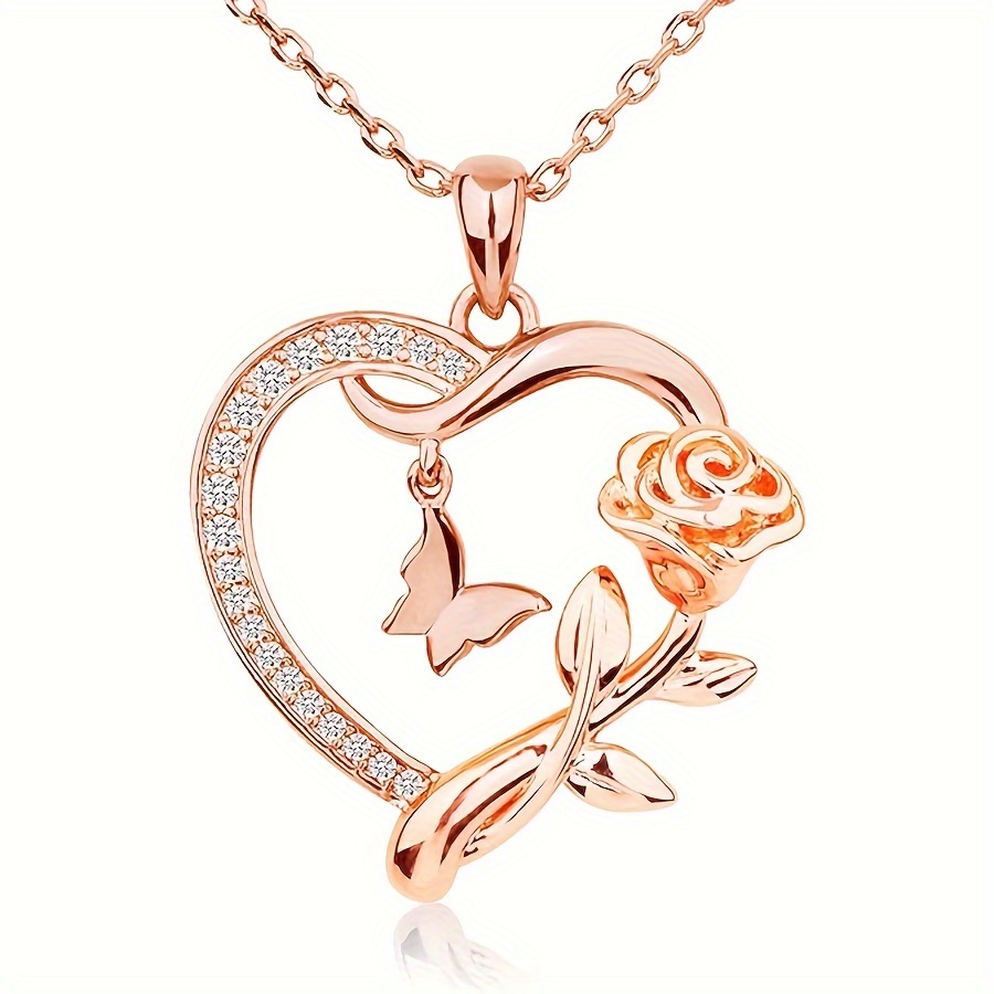 

Heart Necklace For Women Sterling 14k Gold Plated/rose Golden Cz Romantic Rose And Butterfly Jewelry For Women Birthday Valentine's Day Gift For Girls