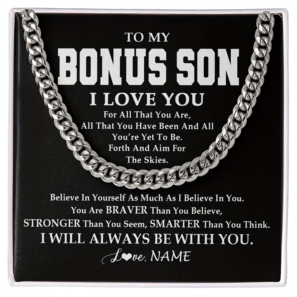 

Personalized Bonus Son Stainless Steel Cuban Chain Necklace With Inspirational Message Card And Custom Name - Gift Set For Stepson From Stepmom Or Stepdad, No Mosaic, Theme, 15+, Jewelry