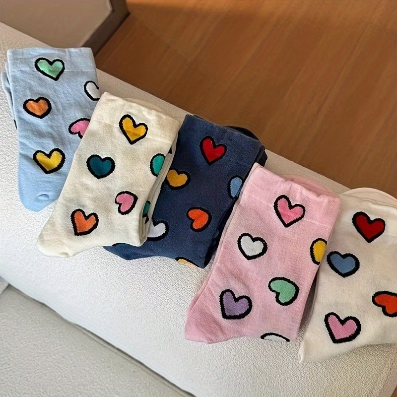 TEMU 5 Pairs Of Colorful Heart-patterned Sweet Cartoon Socks, Versatile And Comfortable For A Sporty Casual Look