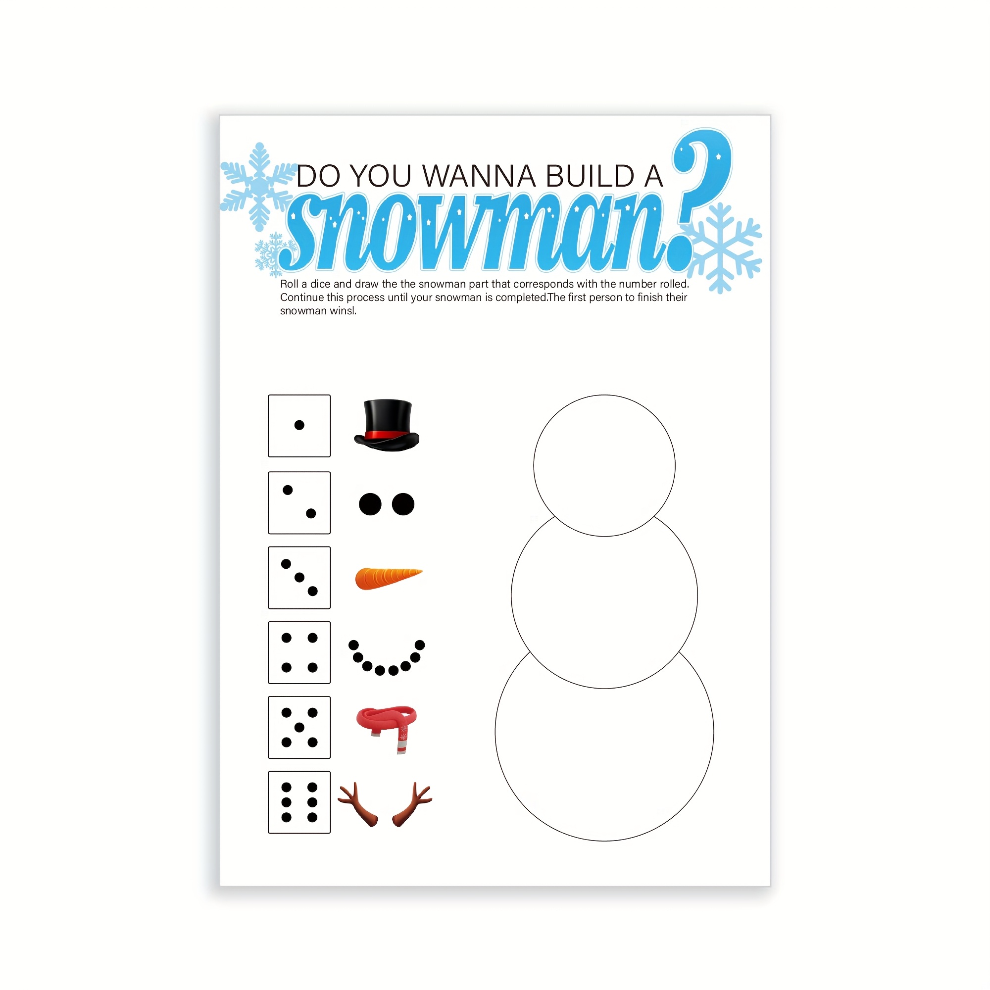 Juego de 21 piezas de cartas ROLL A SNOWMAN, set de juego de lanzamiento de dados, jueg...