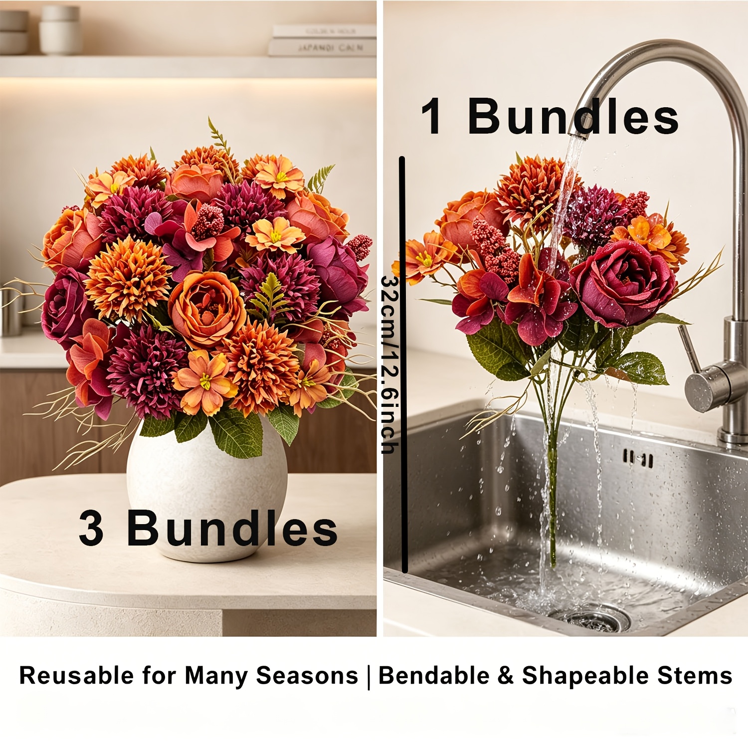 TEMU 1/3 Bundles Bineste Artificial Flower Bouquet - Realistic Silk Peony & Chrysanthemum Arrangement, Full Vintage Fall Centerpiece Suitable For
